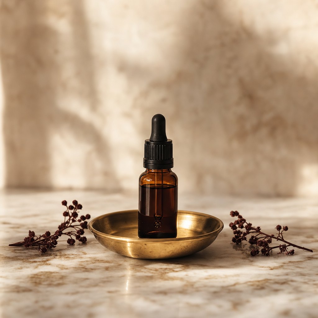 Amber dropper bottle of black seed extract in a brass dish on marble