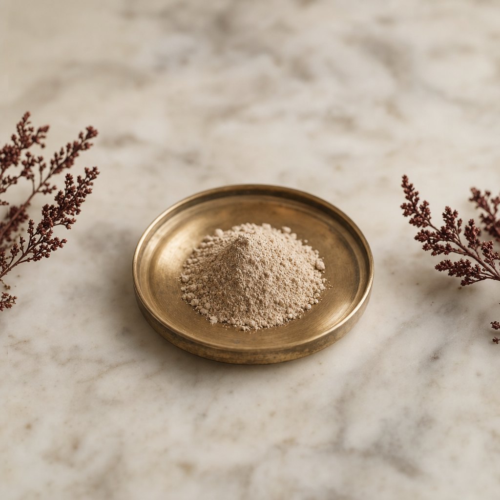 Beige beta-glucan powder in a brass dish on marble