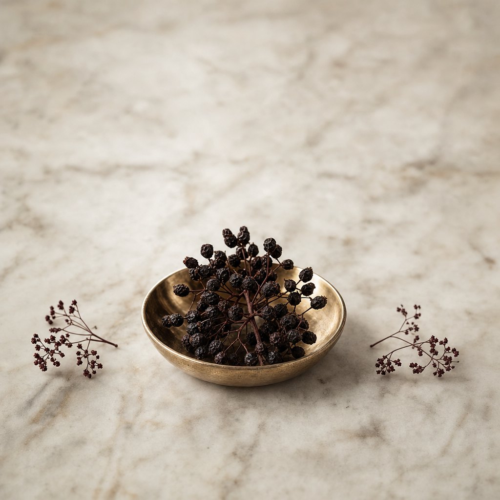 Dried elderberries in a brass dish on marble