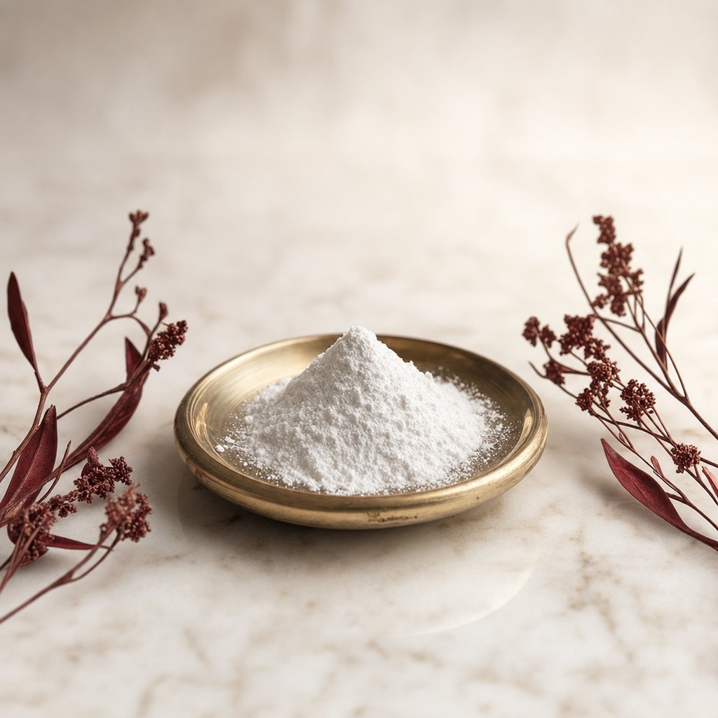 Fine white NAC powder in a brass dish on marble